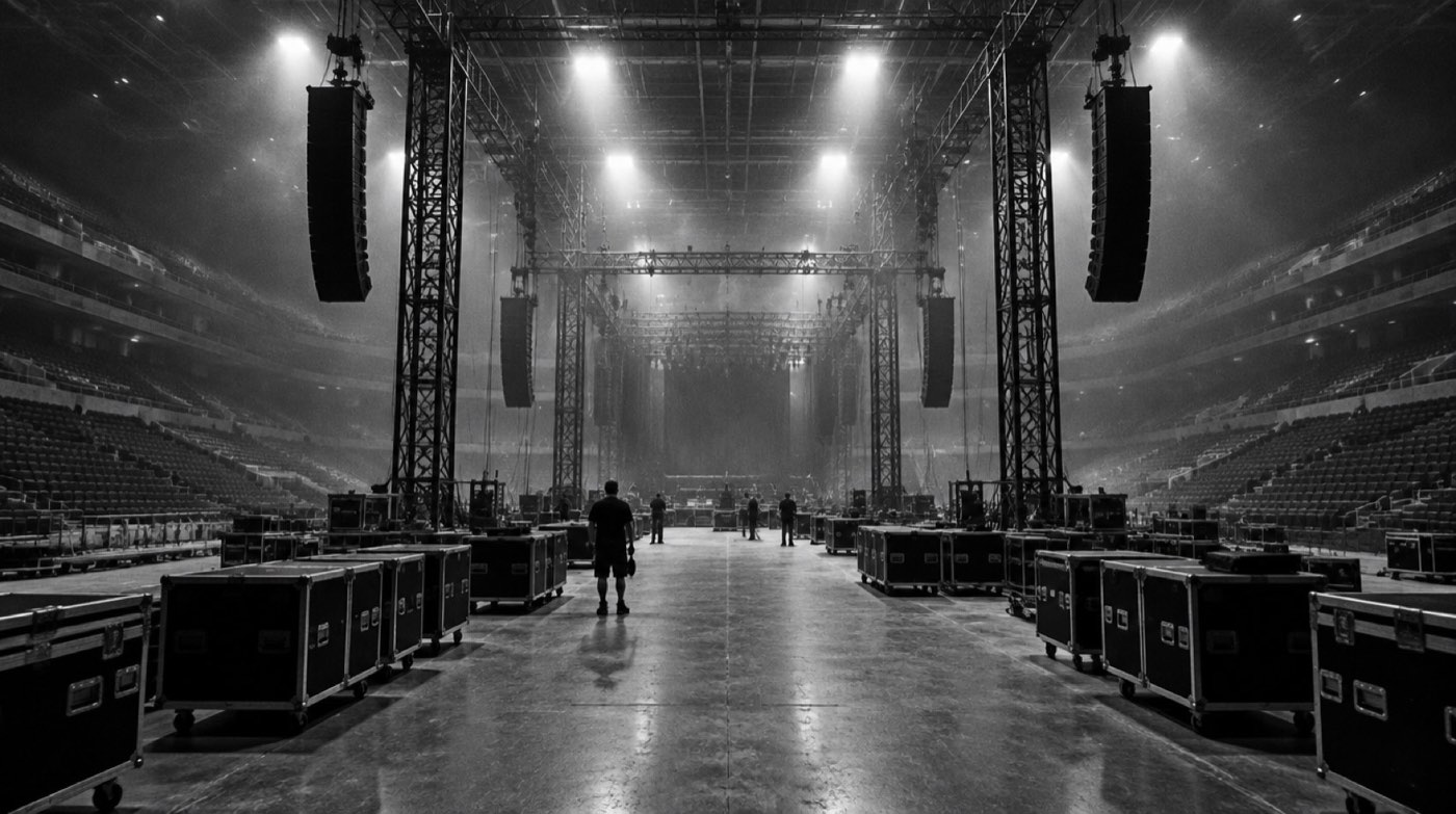 Arène vide en cours de montage, tours de structure et enceintes suspendues
